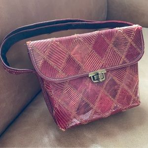 Vintage alligator snakeskin leather red diamond patchwork bag evening red brass